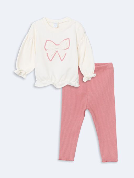 Bisiklet Yaka Uzun Kollu Bask?l? K?z Bebek Sweatshirt ve Tayt 2li Tak?m