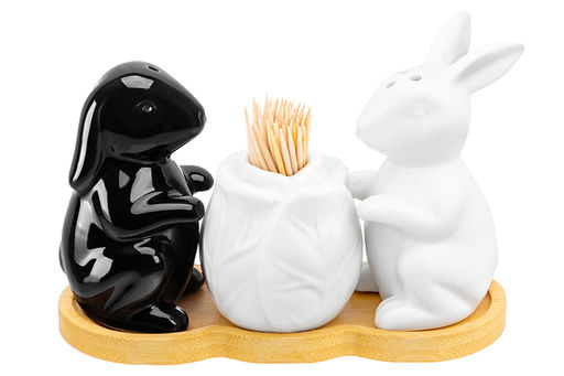 Набор д/специй 3 пр. 14*6*9,5 см Кролики с капустой на дер. подставке+зубочистки,бел/черн - Elan gallery фото 7