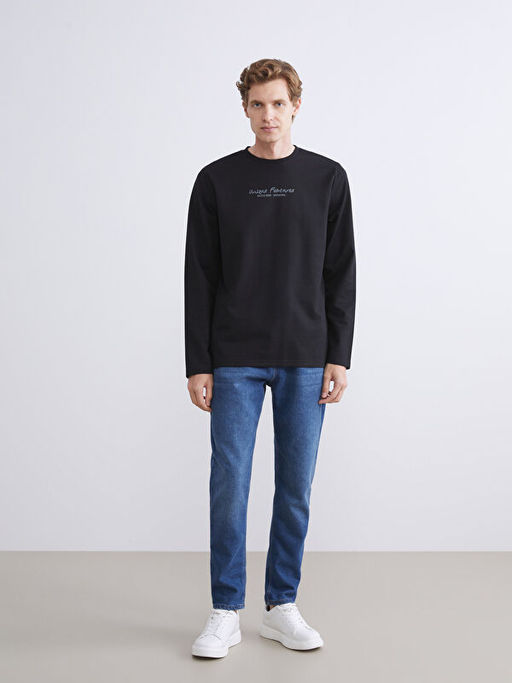 Bisiklet Yaka Uzun Kollu Bask?l? Erkek Sweatshirt
