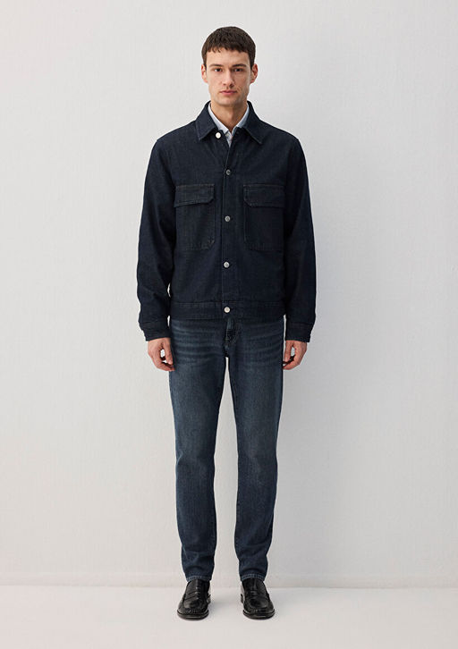 Lacivert Ince Denim Ceket - Mavi фото 4