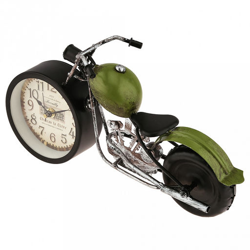 Часы настольные интерьерные "Мотоцикл" 30х8х15см, циферблат с рисунком, бежевый; цифры арабские, черный; фара - кристалл, корпус металл, черный матовый/зеленый; в коробке (Китай)
