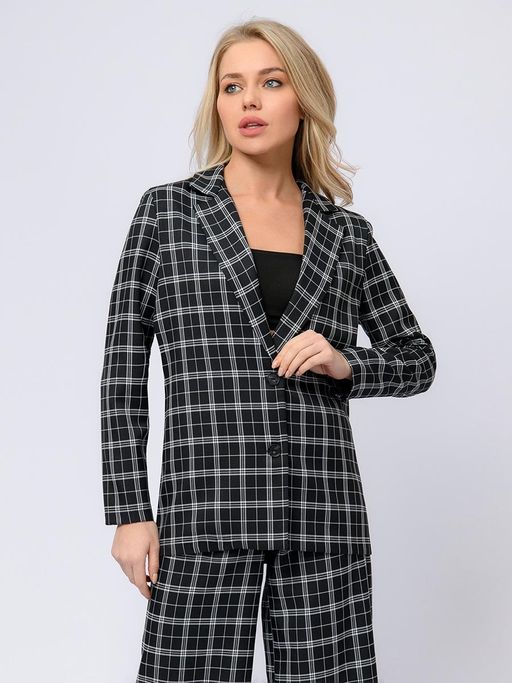 Жакет черный в мелкую клетку удлиненный с отложным воротником - 1001dress фото 13