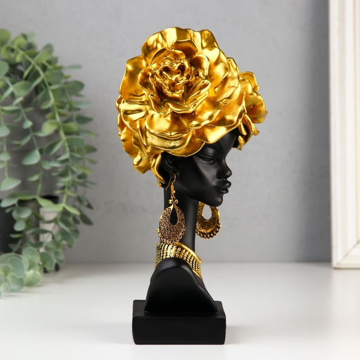 Фигурка полистоун «Бюст. Африканка с золотыми розами в волосах, с ожерельем», чёрный, 24×10×11 см