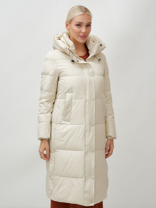 Пальто утепленное стеганное зимнее с капюшоном женское бежевого цвета 9601B