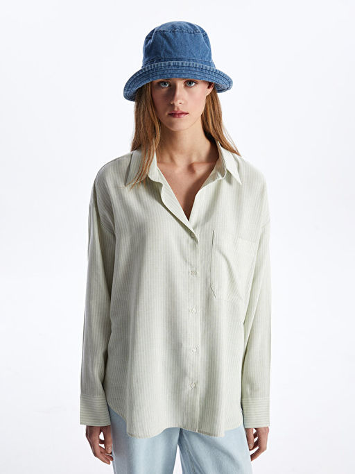 ?izgili Uzun Kollu Oversize Keten Kar???ml? Kad?n G?mlek