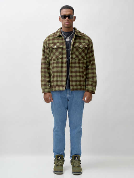 Куртка рубашка шерстяная в клетку мужская демисезонная зеленого цвета 58566Z