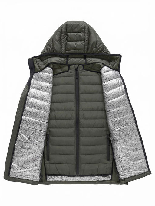 Куртка мужская гибридная стёганая с капюшоном с графеновой подкладкой цвета хаки 9621_1Kh