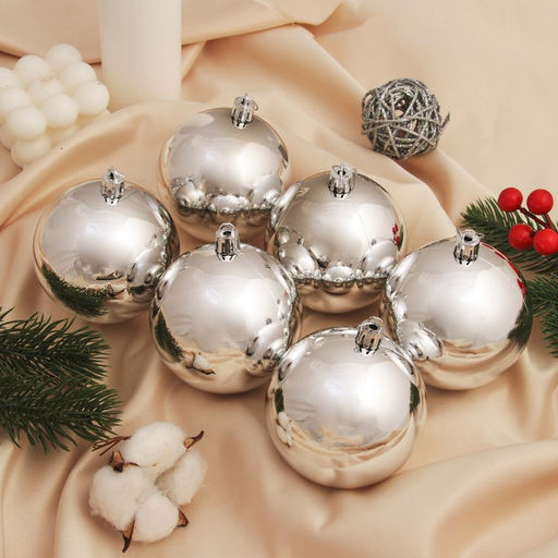 Ёлочные игрушки Винтажный глянец, шары новогодние, набор 6 шт., d=8 см, серебристый