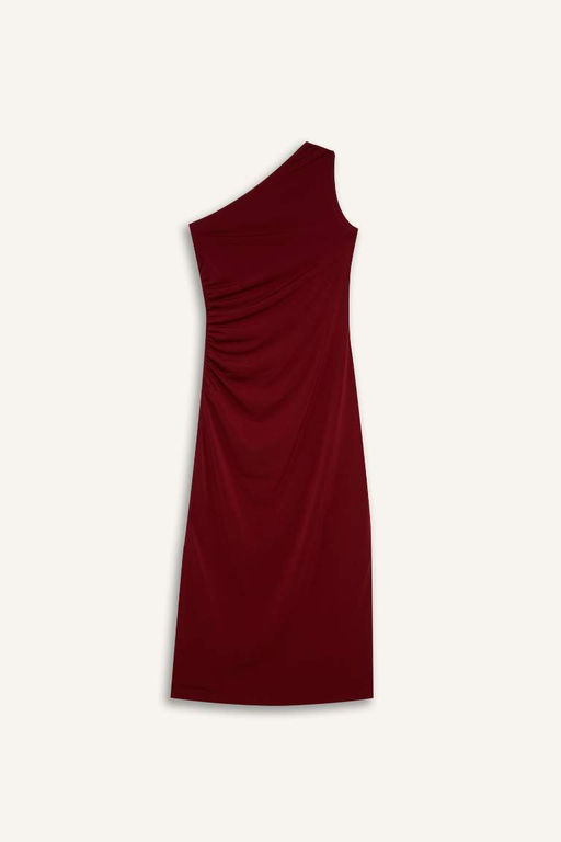 Bodycon Облегающее базовое прямое бордовое красное платье миди на одно плечо - Defacto фото 6