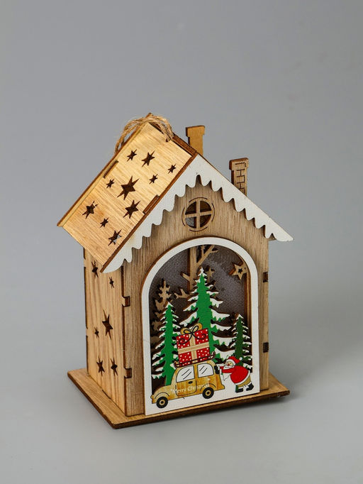 Ёлочная игрушка Домик с Дедом Морозом и машиной, 8.2х4.2х7.3 см, от батареек, свечение тёплое белое - Luazon lighting фото 3