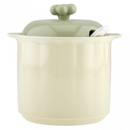 Банка для сыпучих продуктов керамическая "Семейная" 850мл, д12,5см, h11см, 2 ручки, с крышкой с выемкой для ложки и ручкой-цветком - светло-зеленый, общая h15см, с ложкой 16,6см - белый, рифленый борт, светло-желтый, в коробке (Китай)