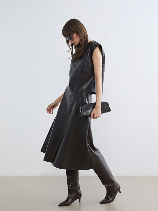 Beli Fermuarl? A Kesim Deri G?r?n?ml? Etek