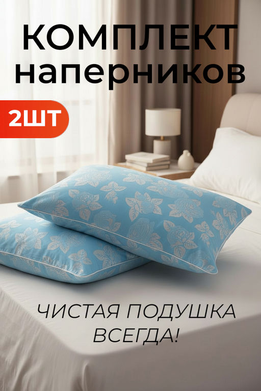 2шт Комплект наперников для подушки из тика - Голубой