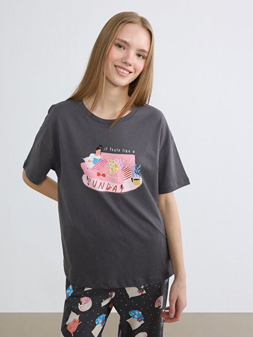 Bisiklet Yaka Bask?l? Kad?n Pijama Tak?m