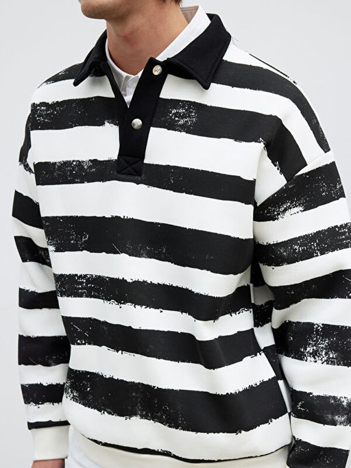 Polo Yaka ?izgili Erkek Sweatshirt