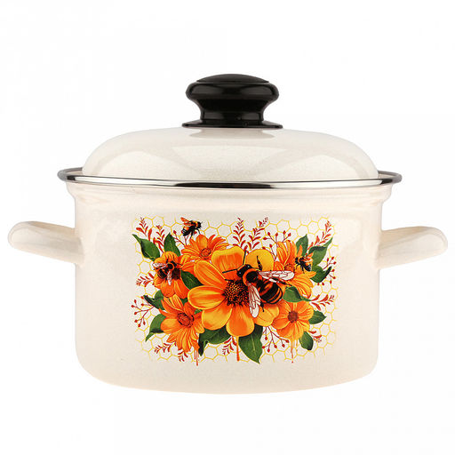 "Цветочный мед" Кастрюля эмалированная 2,0л, форма цилиндрическая, металлическая крышка (Россия)