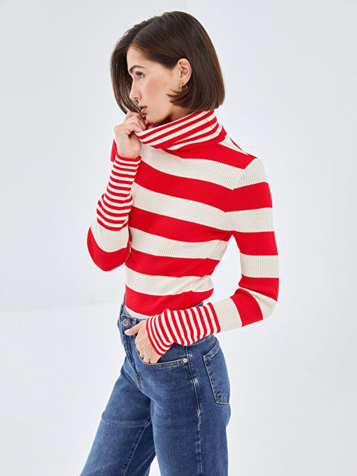 Bal?k?? Yaka Renk Bloklu Kad?n Triko Kazak