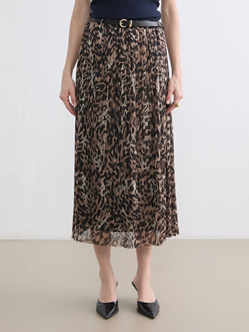 Beli Kemerli Desenli ?ifon Pileli Etek