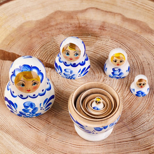 Матрёшка дерево «Гжель», белое платье, 5 кукольная, 10 см