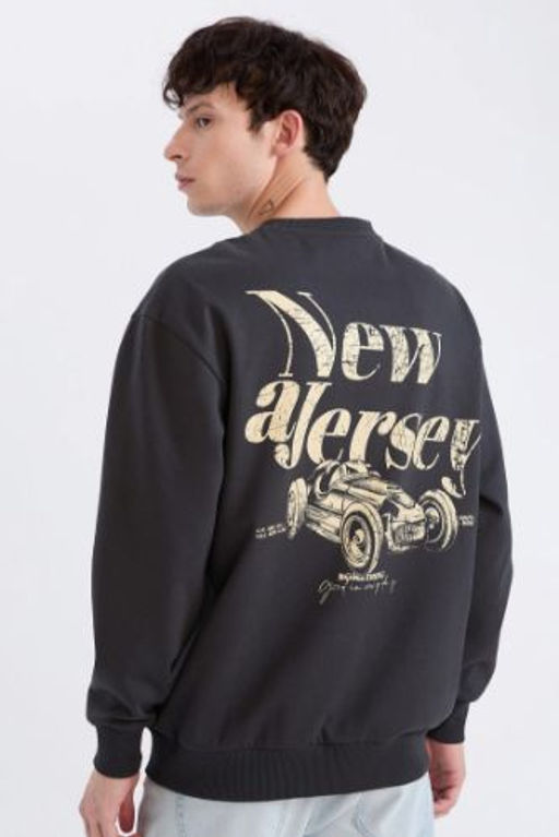 Boxy Fit Bisiklet Yaka S?rt Bask?l? Sweatshirt