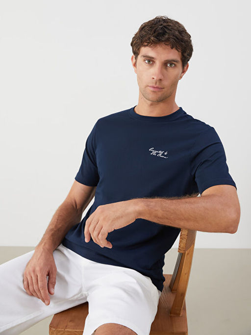 Bisiklet Yaka Bask?l? Penye Erkek Ti??rt