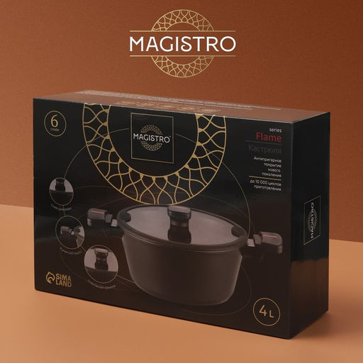 Кастрюля Magistro Flame, 4 л, d=24 см, h=10.5 см, крышка со сливом, антипригарное покрытие, индукция, чёрная