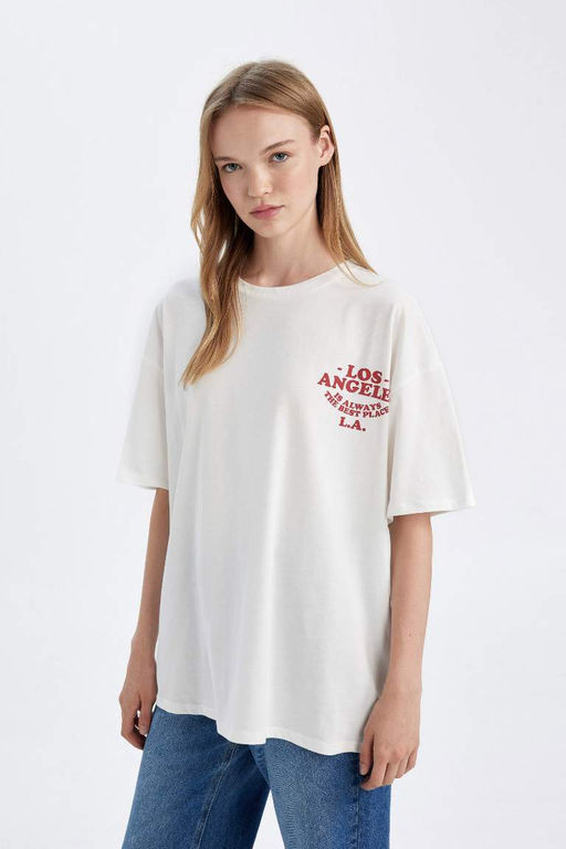 Футболка оверсайз с круглым вырезом и короткими рукавами с принтом Снова в школу - Defacto фото 5