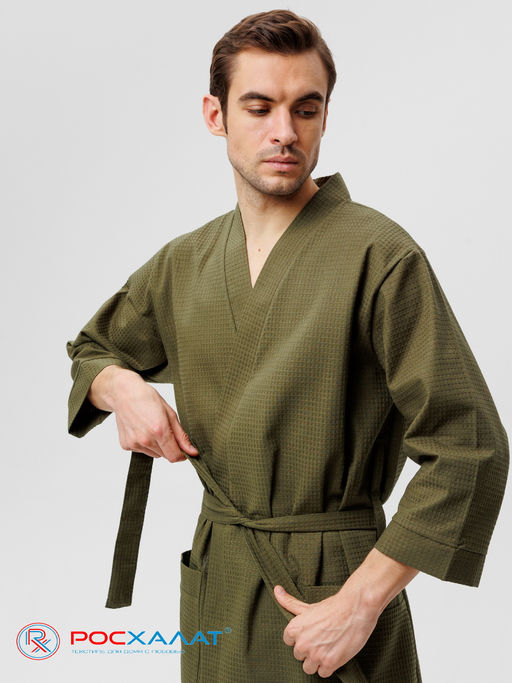 Мужской укороченный вафельный халат с планкой хаки В-05 (26)