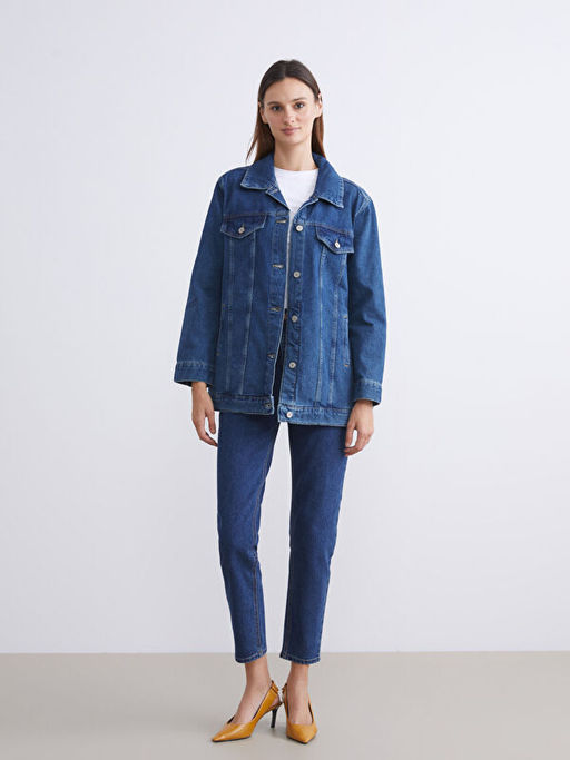 G?mlek Yaka Oversize Kad?n Jean Ceket