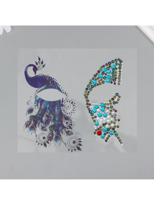 Наклейка - стразы на лицо Крыло бабочки и павлин, 16?17 см