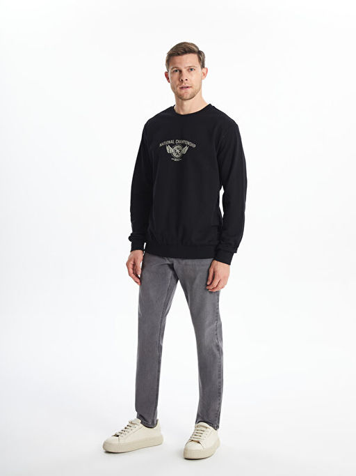 Bisiklet Yaka Bask?l? Erkek Kal?n Sweatshirt