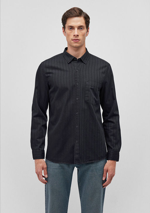 Cizgili Siyah Gomlek - Mavi фото 3