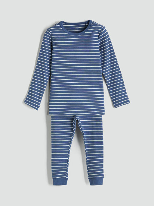 Bisiklet Yaka Uzun Kollu ?izgili Erkek Bebek Pijama Tak?m?