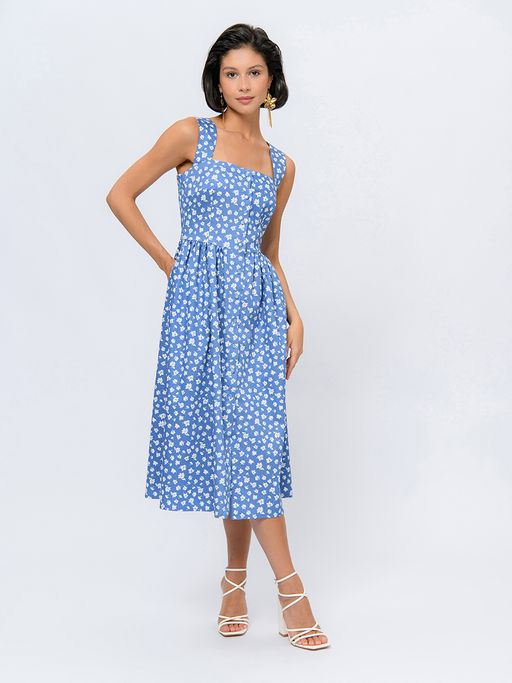 Платье голубого цвета длины миди с принтом на бретелях - 1001dress фото 3