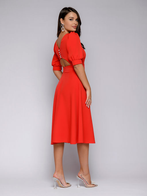 Платье красное длины миди с фигурным вырезом на спинке - 1001dress фото 3