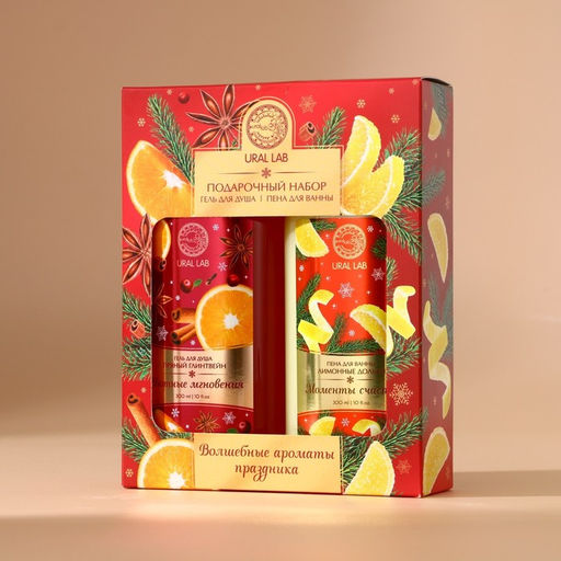 Подарочный набор новогодний URAL LAB Моменты счастья: гель для душа и пена для ванны, 2х300 мл