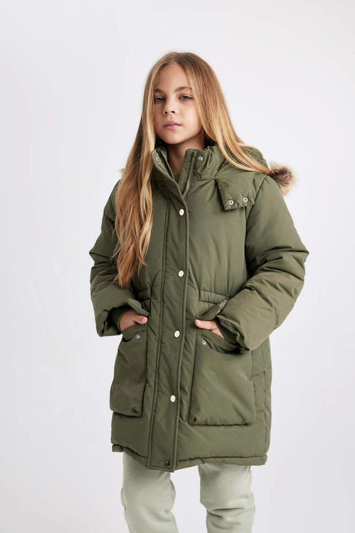 Водоотталкивающая куртка со съемным капюшоном и подкладкой из искусственного меха для девочек, пальто - Defacto фото 3