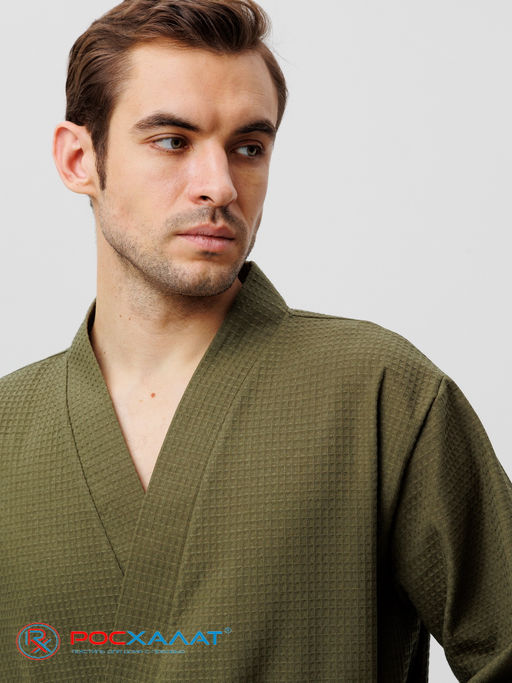 Мужской укороченный вафельный халат с планкой хаки В-05 (26)