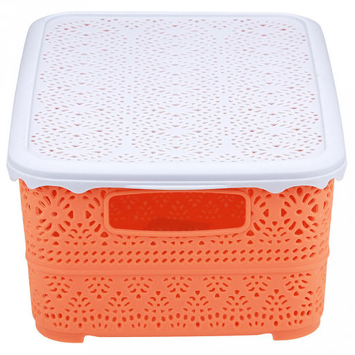 "Домашняя мода" Корзина пластмассовая для хранения "Вышивка" 26,5х19см h11,1см, матовый пластик, с серой крышкой, с ручками, кирпичный (Китай)