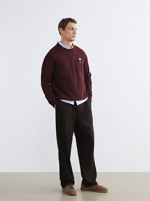 Bisiklet Yaka Ay? Teddy Bask?l? Erkek Kal?n Sweatshirt