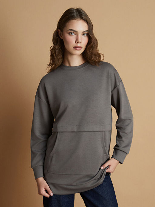 B?y?k Beden Bisiklet Yaka Kad?n Sweatshirt Tunik