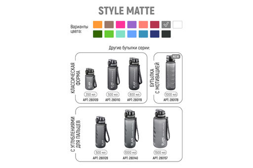 Бутылка для воды 500 мл 6,5*6,5*23 см "Style Matte" с углублениями д/пальцев, серая