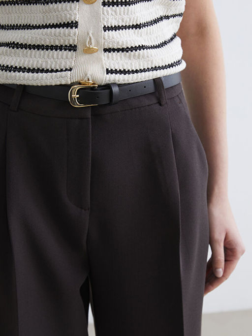 Beli Kemerli Cigarette Kad?n Pileli Pantolon