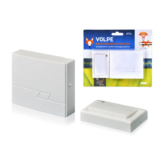 Звонок беспроводной ТМ Volpe UDB-Q020 W-R1T1-16S-30M-WH 36 мелодий. Радиус действия 30 метров. Блистерная упаковка. Цвет-белый  фото 2