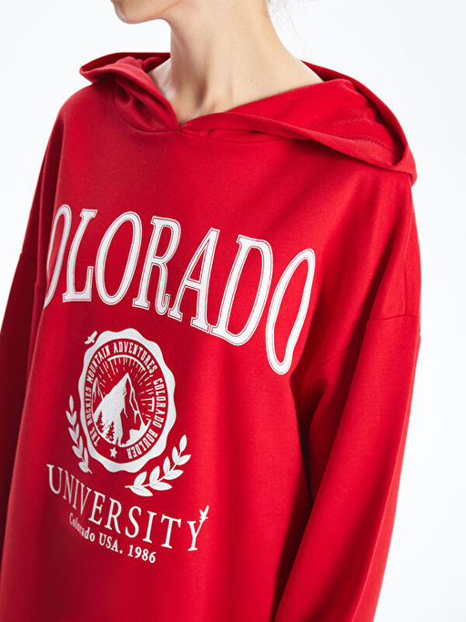 Kap??onlu Bask?l? Oversize Kad?n Kal?n Sweatshirt Tunik