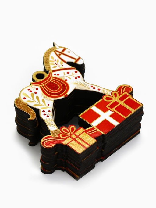 Ёлочная игрушка деревянная Новогодний конь, набор 10 шт.