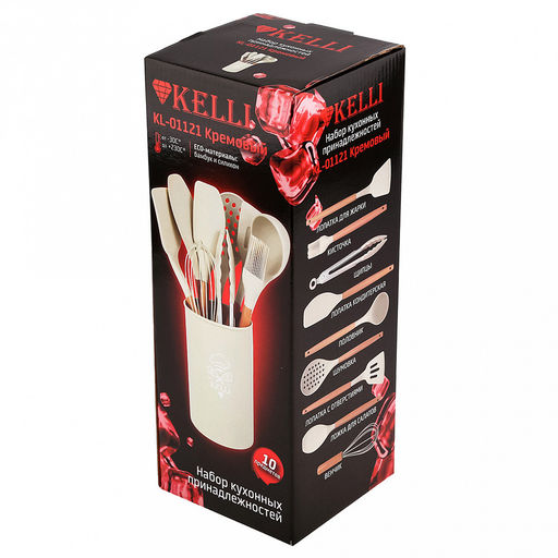 Кухонный набор "Kelli" 10 предметов: лопатка для жарки, кисточка, щипцы, лопатка кондитерская, половник, шумовка, лопатка с отверстиями, ложка для салатов, венчик, подставка, силикон, бамбук, кремовый (Китай)