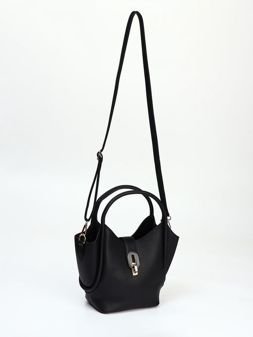 Сумка женская тоут на клапане, с косметичкой, 17×11×22 см, однотонная, чёрная