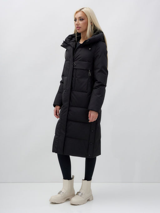 Пальто утепленное стеганное зимнее с капюшоном женское черного цвета 9628Ch - Mtforce фото 2