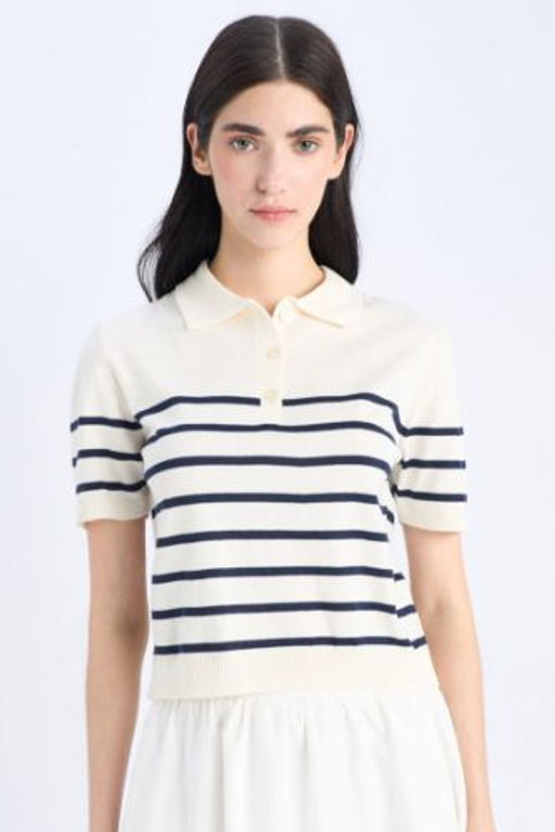 Regular Fit Polo Yaka Cizgili K?sa Kollu Triko Tisort